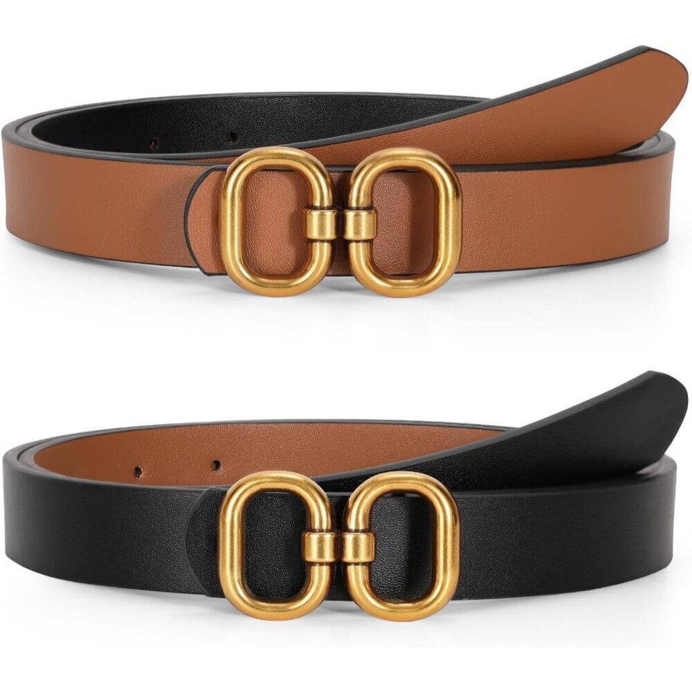 Reversible Leather Belt Women Gold Buckle Casual Dress Pants Accessories